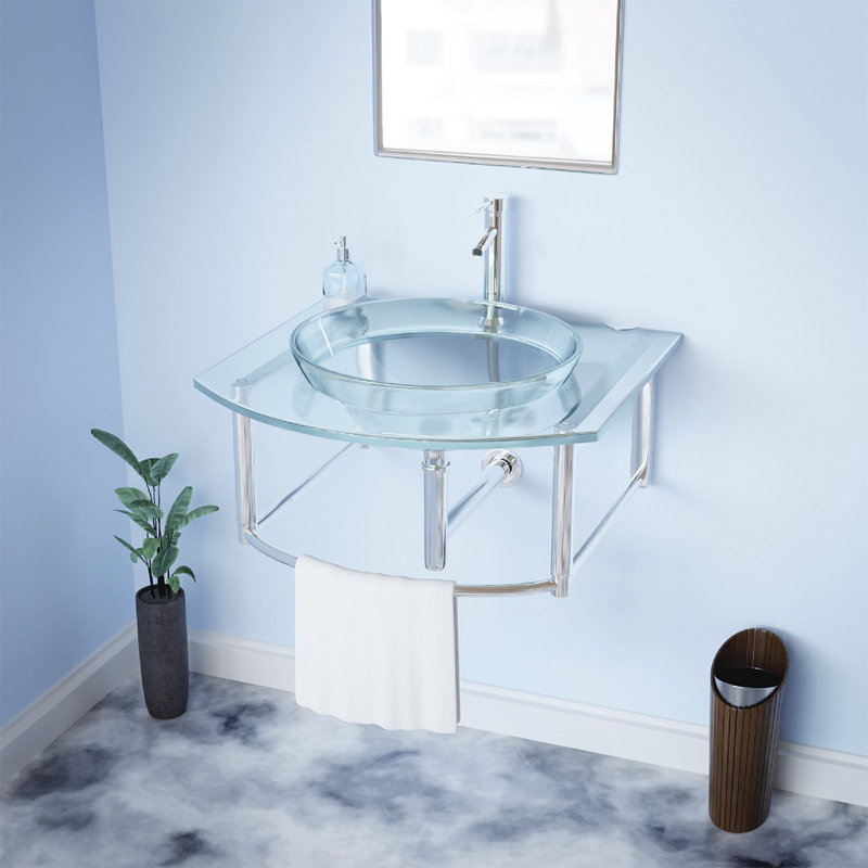 Lavabo de salle de bain mural circulaire en verre trempé avec robinet