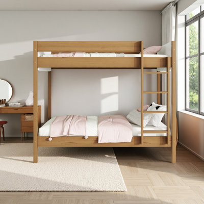 Lit superposé simple au-dessus de simple avec tête et pied de lit rembourrés Boucle, échelle, garde-corps de sécurité, lit superposé en bois d'hévéa