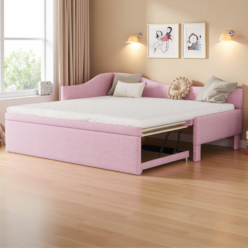 Twin Size Upholstered L-Shaped Upholstered Daybed With Pop Up Trundle, Pink