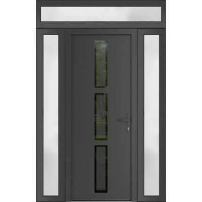 Porte d'entrée extérieure prémontée en PVC-U métal-plastique Manux 8112 Gris anthracite avec imposte et deux panneaux latéraux, pour bureaux, commerces et habitations. Convient aux portes d'entrée, patios et garages. Dimensions : 60 x 94 po (L 12 + 36 + 12 po x H 80 + 14 po). Ouverture à gauche vers l'intérieur.