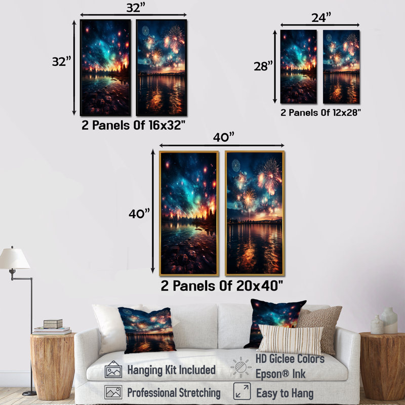Feu d'artifice vert et rouge au bord du lac II - ensemble de 2 reproductions d'art sur toile, Toile tendue, H 32 po x l 33 po