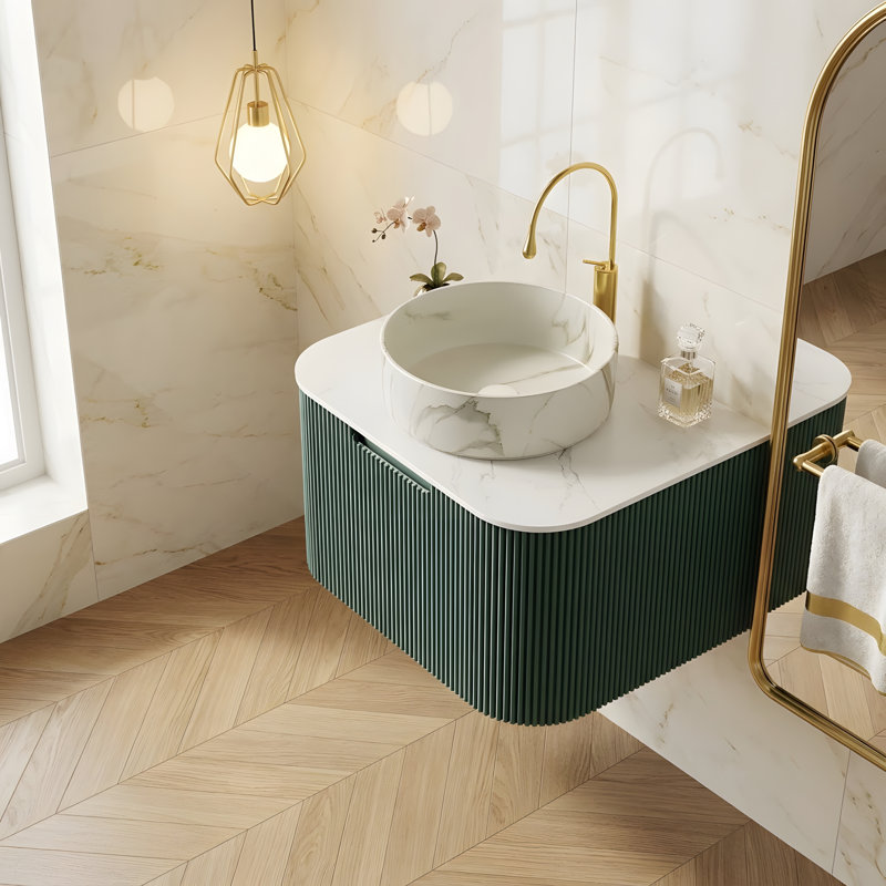 Meuble-lavabo suspendu de 61 cm avec tiroir de rangement et lavabo rond blanc mat, 24, Blanc mat