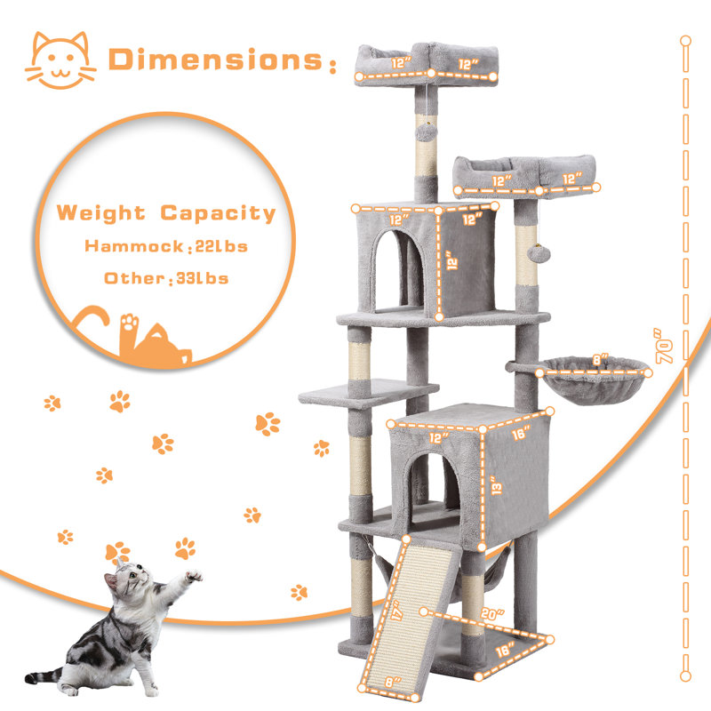 70" H Cat Tree Tower with Hammock, Scratching Post, Condo and Multi-Level Cat Tower, Light Grey
