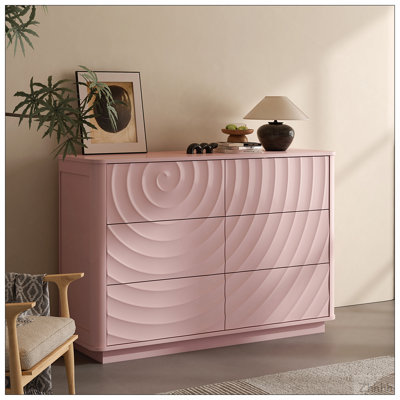 Commode 6 tiroirs pour la chambre à coucher, grande commode moderne de 46,5 po de largeur avec poignée et ondulation, organisateur de rangement en bois pour placard, chambre de bébé, salon, appartement, rose