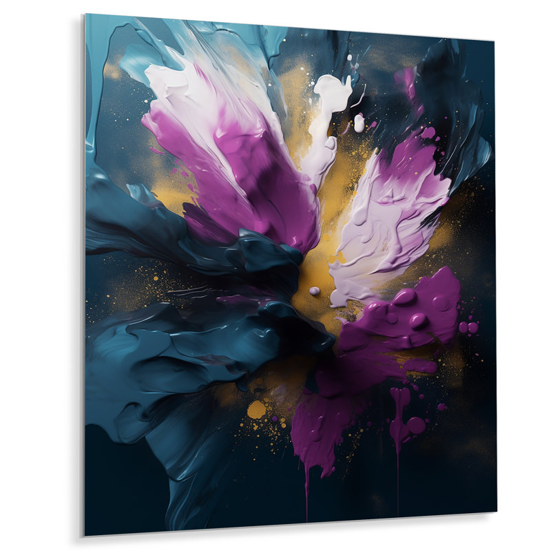 Mauve et bleu, réalités sur toile I - peinture abstraite murale en métal, H 20 po x l 12 po