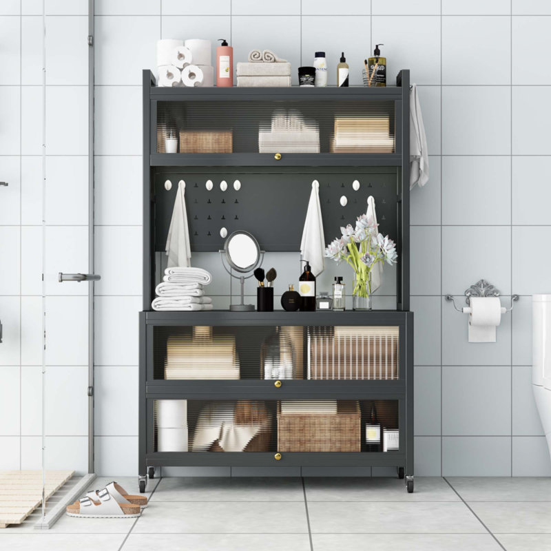 65'' Tall Kitchen Bakers Rack With Flip Door Cabinet, 5 Tier Multifunctional Microwave Stand Buffet