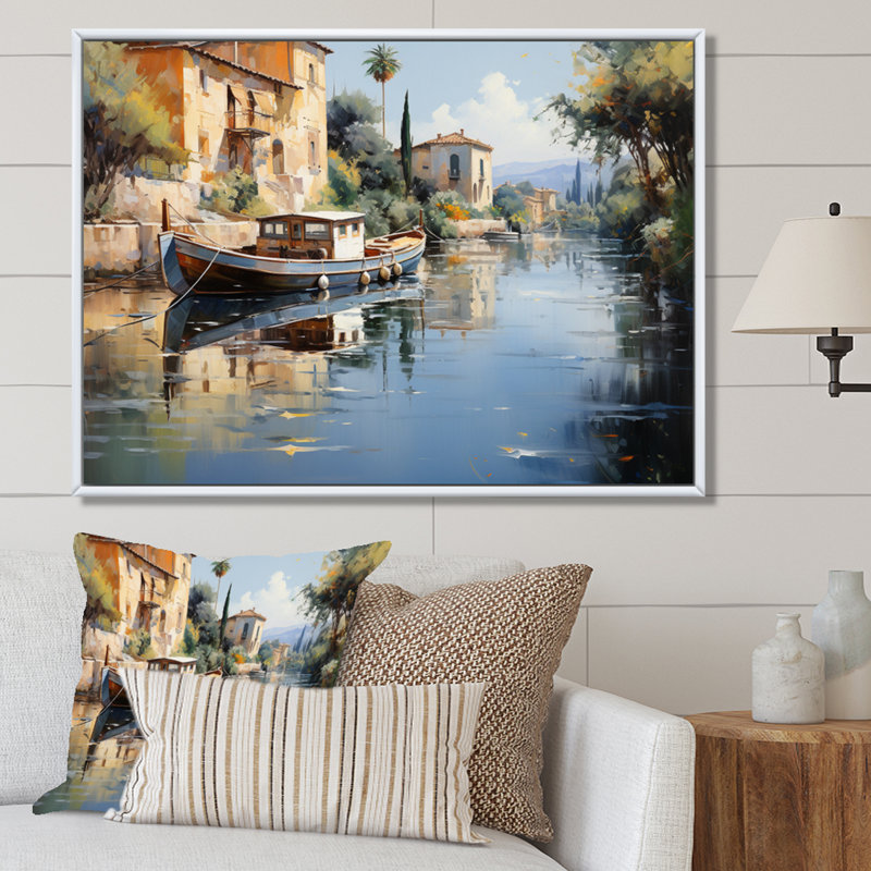Beige canal impressionniste - imprimé, H 24 po x l 32 po x P 1 po, Cadre flottant blanc