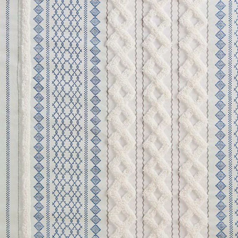 Cotton Printed Shower Curtain With Chenille, Blue