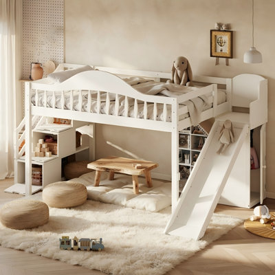 Lit mezzanine en bois massif avec glissade, garde-robe et escalier de rangement, cadre de lit surélevé avec garde-corps haute sécurité