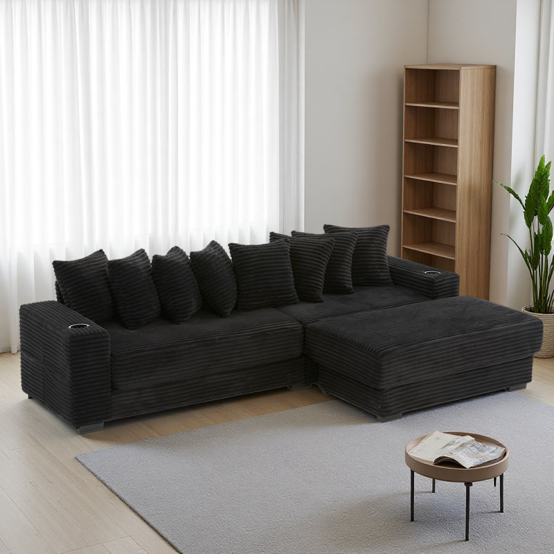 110.75" Modular L Shaped Sofa, Corduroy Fabric Sectional Couch,With A Movable Footstool, Cup Holders,Bring 8 Throw Pillows,Side Pocket,Unfold Into A Bed