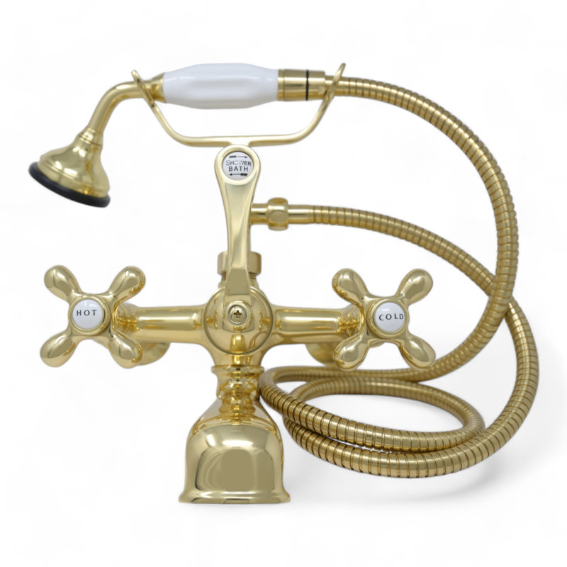 P1027 British Telephone Wall Mounted Faucet with Cross Handles and 7" Center Faucet Body, Polished Brass