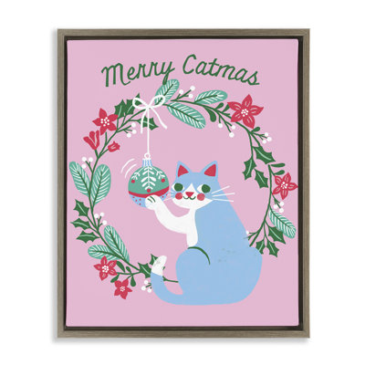 Merry Christmas Pink Cat Canvas Wall Art by Riley Hutchens