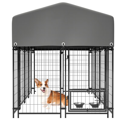 Outdoor Dog Kennel With Roof, Heavy Duty Welded Wire Enclosure, Waterproof Cover, Double Lock, And Rotating Feeder For Medium/Large Dogs
