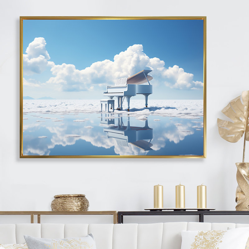 Piano flottant dans un nuage, photo I, H 30 po x l 40 po x P 1,5 po, Cadre flottant doré