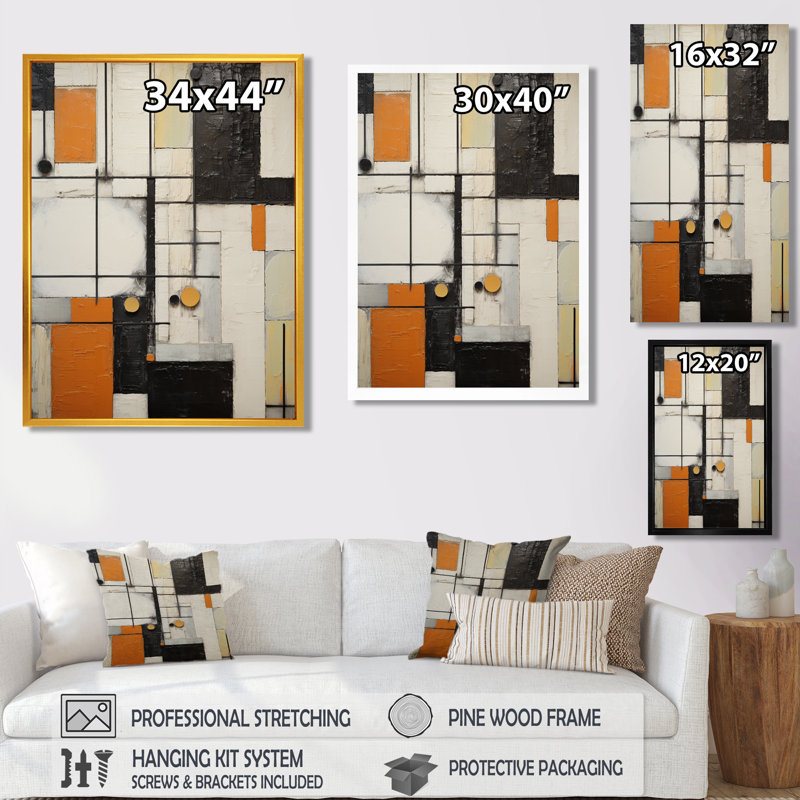 Brun, beige, noir, modernisme rétro - collage abstrait, impression d'art mural, Toile avec cadre flottant noir