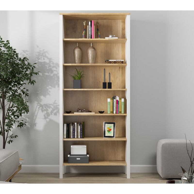 Bibliothèque moderne scandinave, 100% panneau de particules recouvert de mélamine, 32,7 x 76,4 x 13,8 pouces | Bande de chant de 0,7 pouce | Pieds en panneau de fibres à densité moyenne, poignées en métal, fixation murale, tablettes multiples, finition blanche et bois élégante