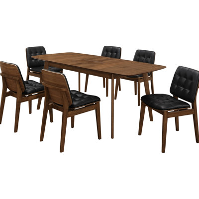 Rectangular 7 Dining Ensemble, Natural Walnut Finish Tabletop With Tapered Legs And Reverse Beveled Edge, Black Solid Back Upholstered Chairs, Butterf