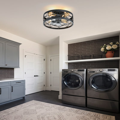 16.5" Caged Ceiling Fan with Lights and Remote, Flush Mount Farmhouse Ceiling Fan, Enclosed Ceiling Fan with Quiet Reversible DC Motor for Bedroom, Kitchen & Hallway