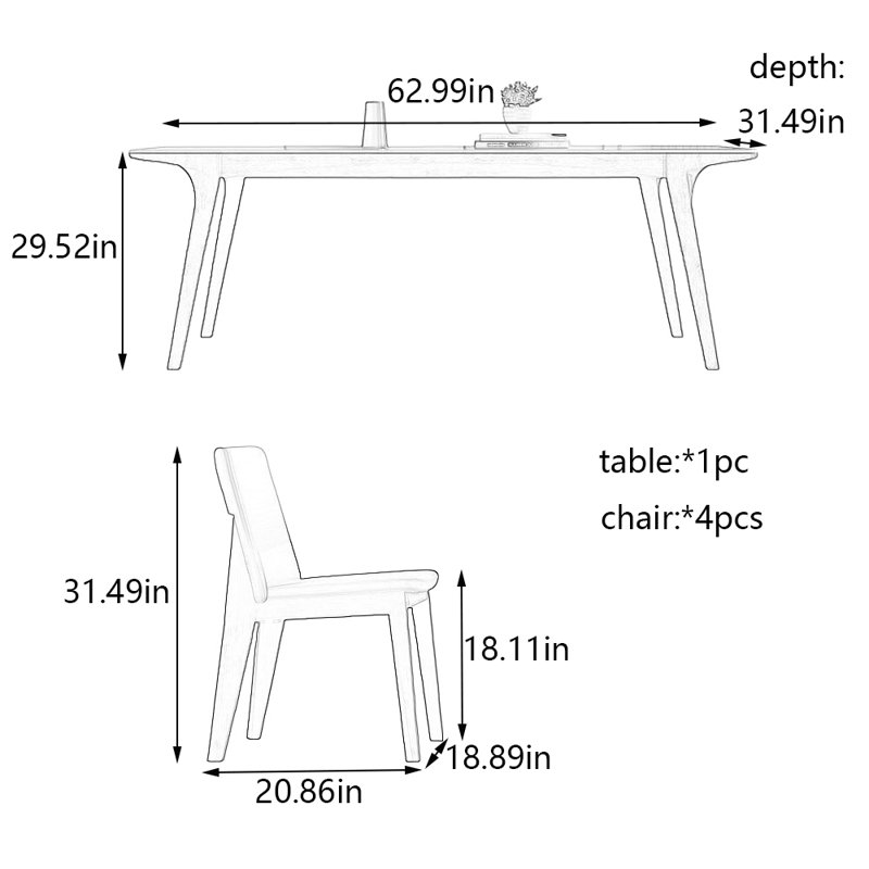 Ensemble de table et de chaises très simple, H 29,52 po x L 62,99 po x l 31,49 po