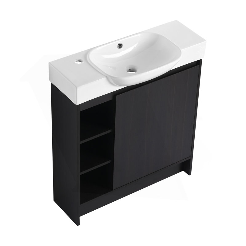 Meuble-lavabo autoportant de 30 po avec lavabo en céramique blanche et porte à fermeture en douceur, chêne foncé, contreplaqué, emballage KD