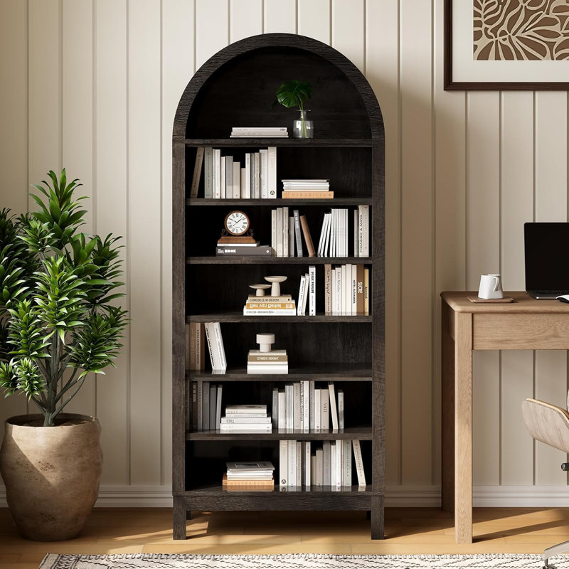 Meuble à chaussures et bibliothèque arqués en bois de 71 po de hauteur, organisateur autoportant à 7 niveaux avec tablettes réglables, rangement pour vestibule, couloir ou chambre à coucher moderne