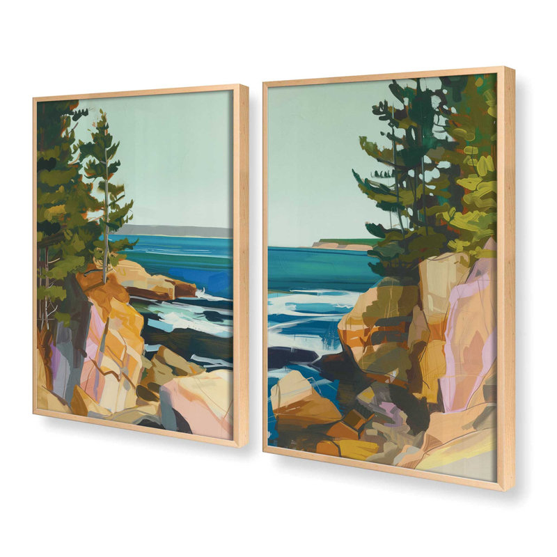 Seacliff Whispers, ensemble de 2 pièces encadrées sur papier par Azure Artisanal Studio, Érable brut