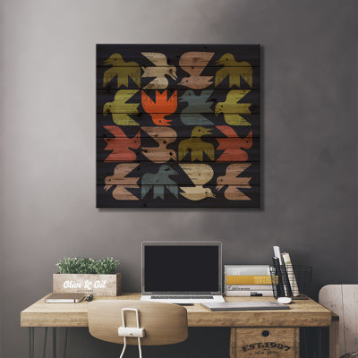 «Estefanya Midcentury Bird Grid» (noir) par Renea L. Thull - impression sur bois sans cadre