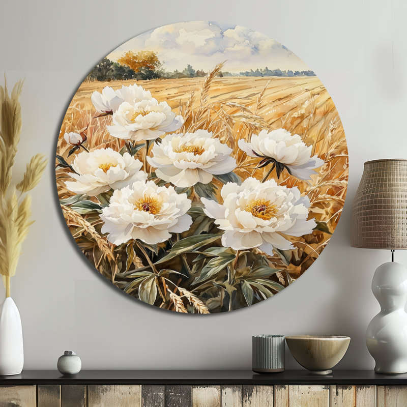 "Pe pivoines de campagne", art mural rond en métal pour salon, H 36 po x l 36 po