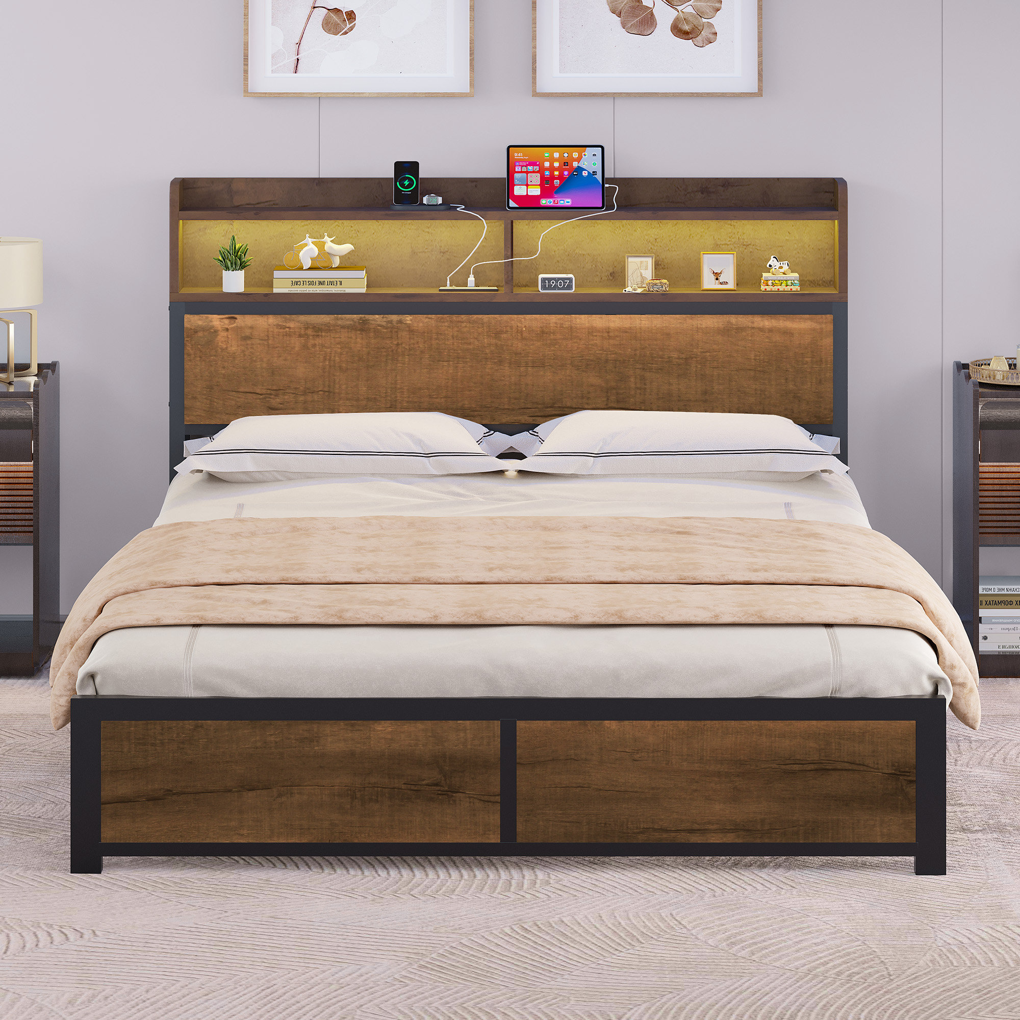 Kingsize Bed Frame with LED Headboard Metal Platform Bed Frame with USB Ports Charging Outlets 2 Tiers Storage Shelves