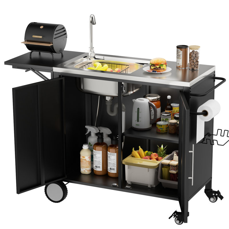 Table de barbecue extérieure avec évier et comptoir pliable, îlot de cuisine en métal, roulettes de chariot, acier inoxydable 304, évier multifonction, roulettes pivotantes à 360° avec verrouillables, rangement, table de travail, pour jardin.