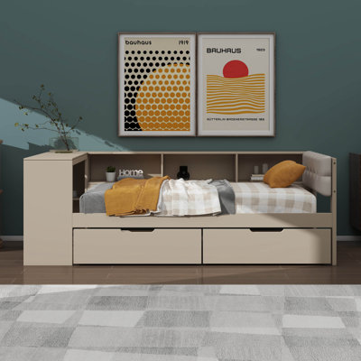 Platform Bed Complete With Shelves, Drawers, Charging Outlet, And Fabric-Upholstered Headboard