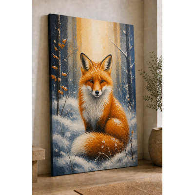 Grand renard, art mural sur toile, neige, forêt, animal, peinture animalière douillette pour salon, décoration rustique sur toile 24 x 36 pouces