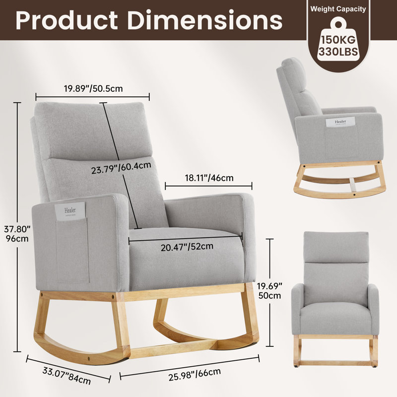 Linen Fabric+ Manufactured Wood Rocking Chair, Light Grey, Natural