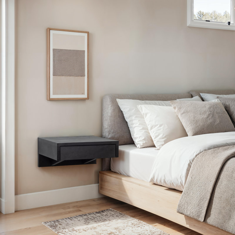 Shroyer 1 - Small Floating Dark Beech Nightstand with Drawer | Solid Wood, Elegant Bedside Table