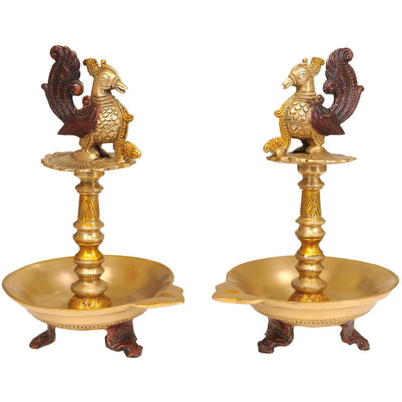 Paire de lampes à huile en forme de paon en laiton de 9 pouces - ensemble de diy traditionnel Mayil Vilakku pour éclairage Diwali, temple de la maison et fête