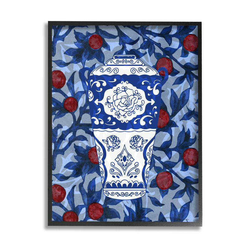 "Ornate Vase" rouge et bleu à motif encadré sur bois par Lil 'Rue, impression, Giclée encadrée noir minuit, H 14 po x l 11 po