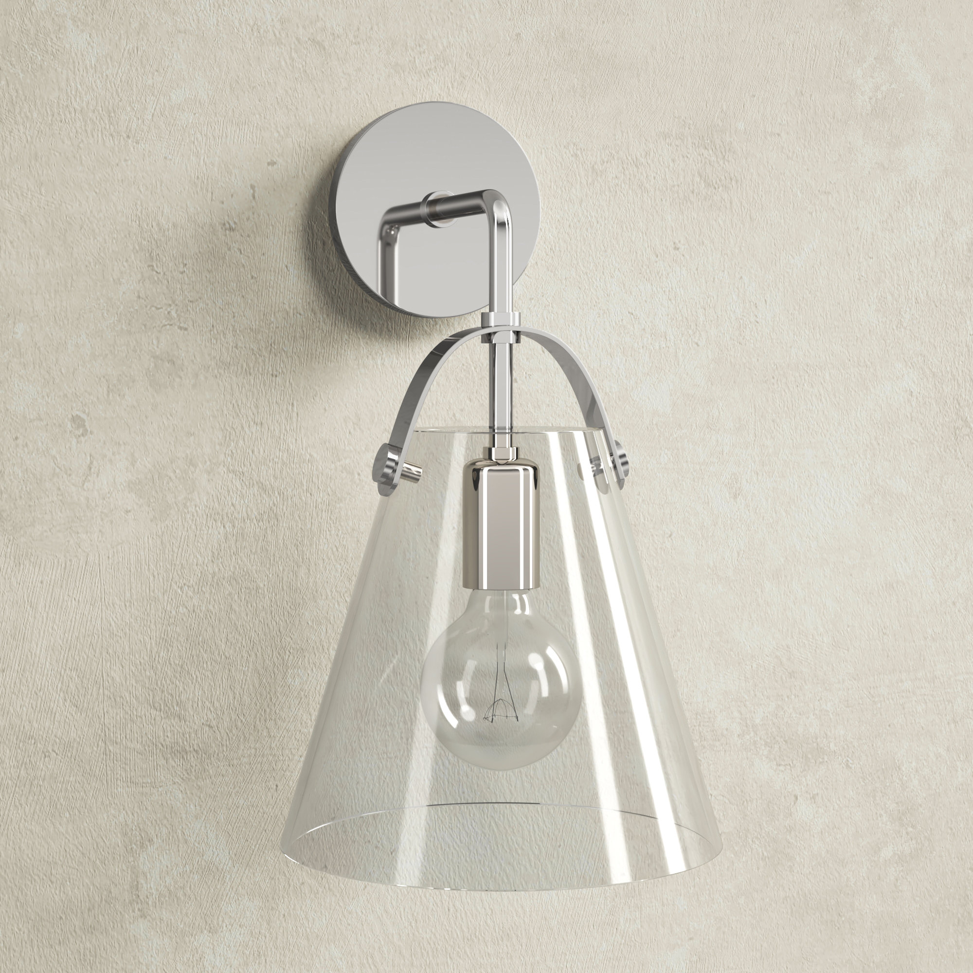 Single Light Glass Steel Dimmable Armed Sconce, Polished Nickel