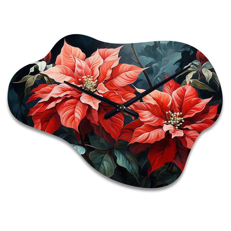 Poinsettia rouge, rouge, fleur, fusion - horloge murale asymétrique en métal poinsettias, Petit