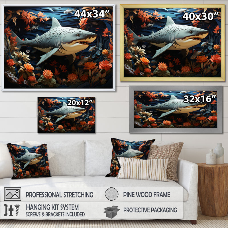 " Blue Shark Silent Hunter Papercut ", 16" H x 32" W x 1" D, White Single Picture Framed