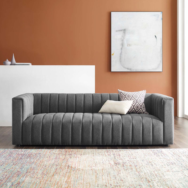 Reflection Channel Tufted Upholstered Fabric Sofa, Charcoal Polyester