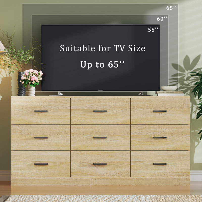 9 Drawer Dresser For Bedroom, Natural Wood