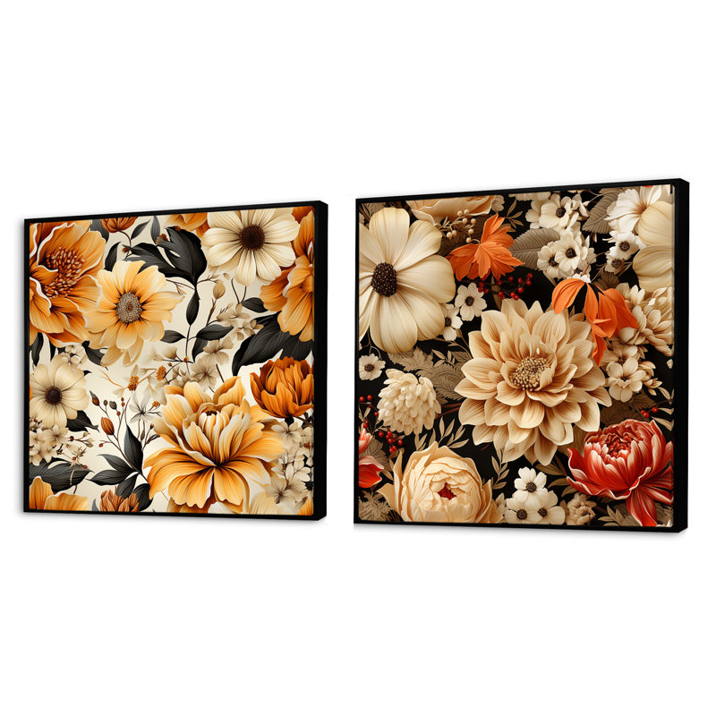 Cuscute - Ensemble de 2 collages carrés floraux, Cadre flottant noir, H 16 po x l 33 po
