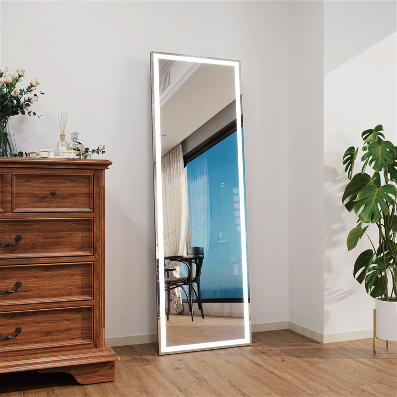  LED Lighted Full Length Mirror With Metal Stand, Contemporary Floor Mirror With Tempered Glass, 65" x 22"