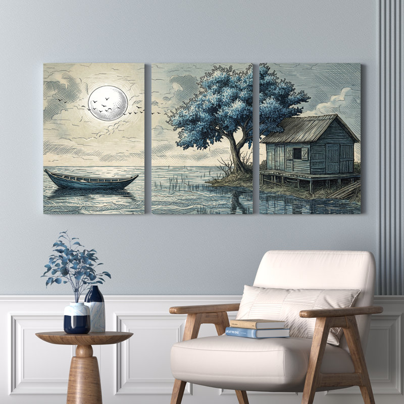 Clair de lune, scène de lac avec bateau et cabane sur toile tendue, reproduction d'art sur toile, ensemble de 3