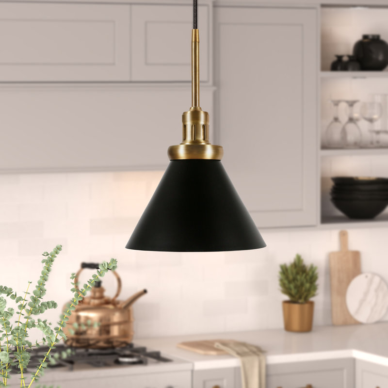 Luminaire suspendu conique à 1 lumière Zeno, Acier noirci / laiton