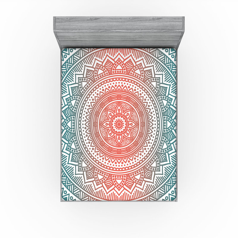 Ambesonne Teal and Coral Fitted Sheet 2-Pack Ombre Effect Mandala Teal Coral