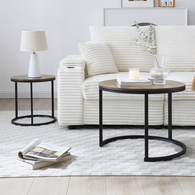 Ensemble de 2 tables basses gigognes à plateau de table rond avec cadre en métal robuste, centre de table, salon, chambre à coucher, appartement, table de chevet simple, industrielle