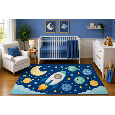 "Ultra Lightweight" 5'x7' Space Rocket Area Rug for Nursery Room, Cute Moon Planets Stars and Astronaut Bear Galaxy Design for Baby Boy Bedroom Decor, Non-Slip Silicone Backing Low Pile
