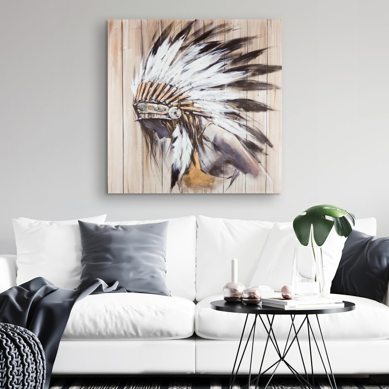 Indian with feathers - 32"x32" art on canvas