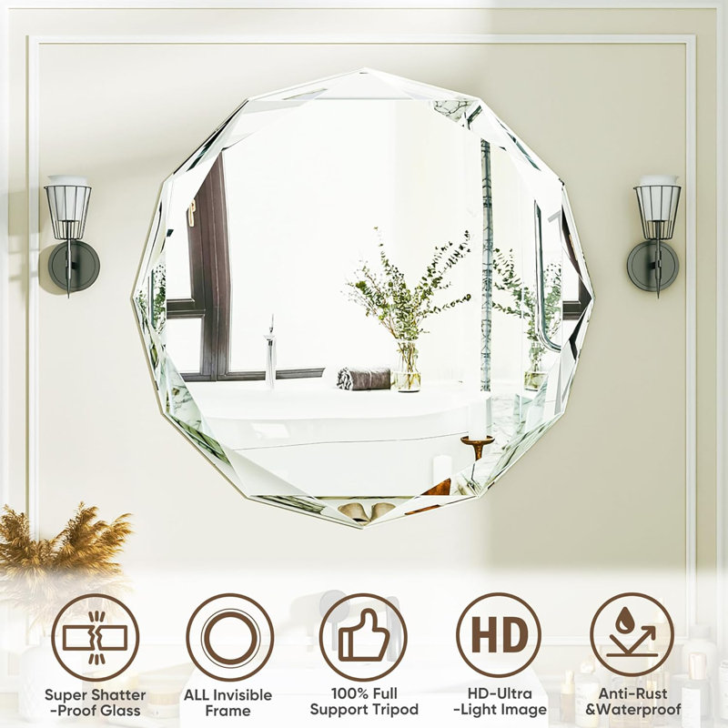 Round Beveled Edge Frameless Bathroom Vanity Mirror, Decorative Wall Accent Mirror, 30"×30"